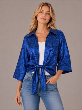 Mishca Satin Blue Tie Front Blouse Animal Print Chic Shirt Elegant Artsy Size M